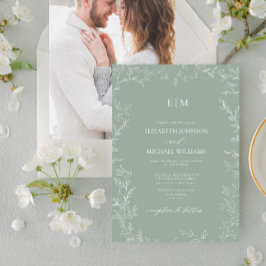Invitación Boda de monograma fotográfico de hoja mínima verde