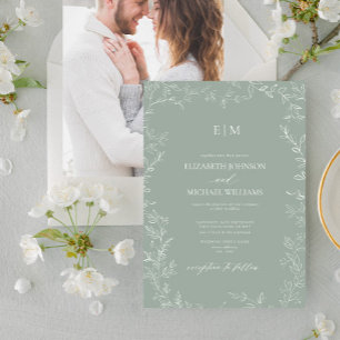 Invitación Boda de monograma fotográfico de hoja mínima verde