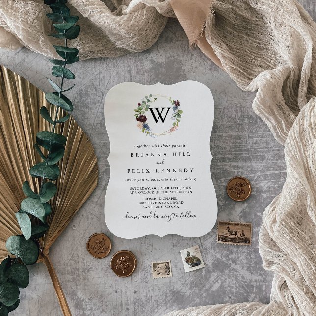 Invitación Boda de monograma geométrico de oro de Borgoña (Subido por el creador)