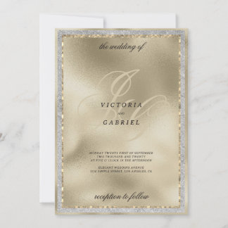 Invitación Boda de monograma inicial con brillo dorado y negr