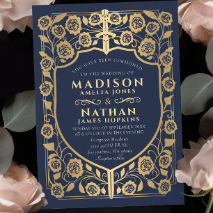 Invitación Boda de Monograma Medieval de Blue Sword Shield