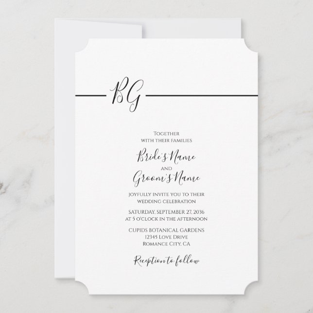 Invitación Boda de monograma Minimalista blanco y negro (Anverso)