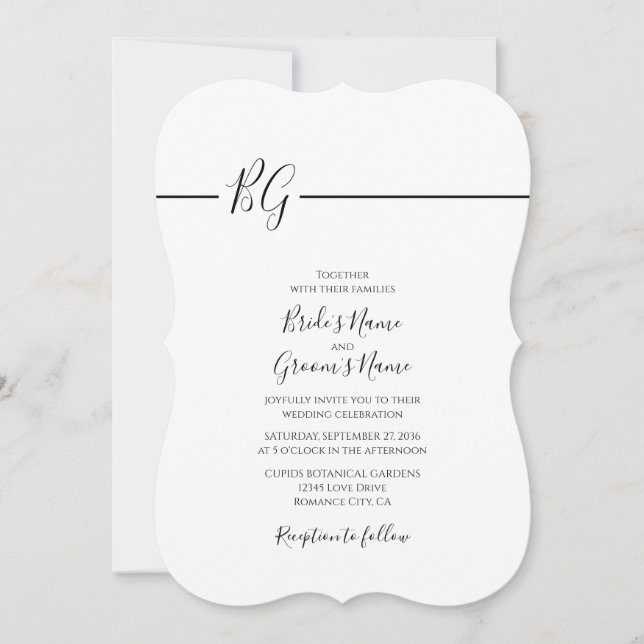 Invitación Boda de monograma Minimalista blanco y negro (Anverso)