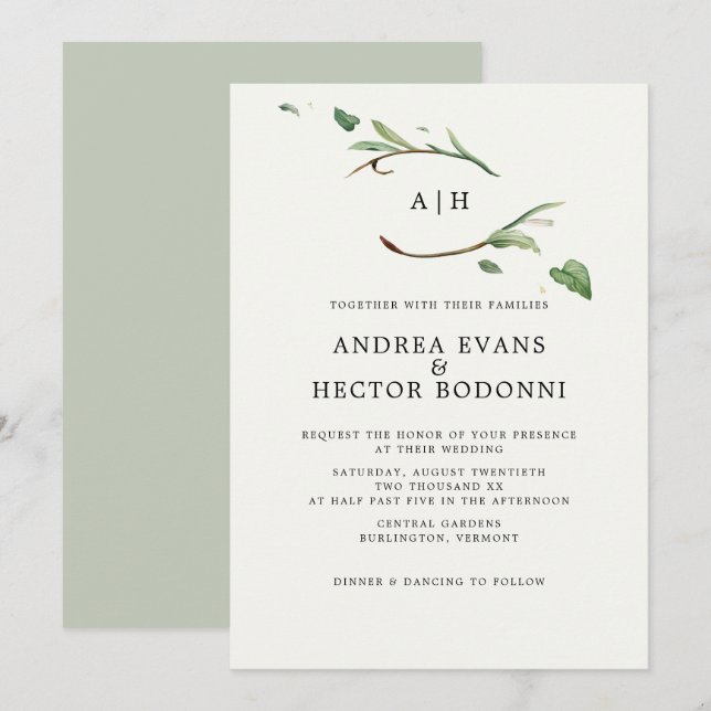 Invitación Boda de monograma minimalista elegante de vegetaci (Anverso / Reverso)