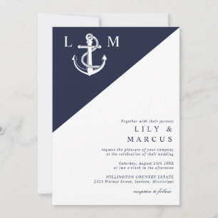Invitación Boda de Monograma Minimalista Náutico Azul de la M