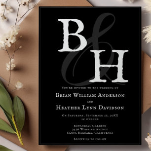 Invitación Boda de monograma Minimalista negro