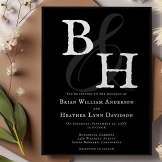 Invitación Boda de monograma Minimalista negro