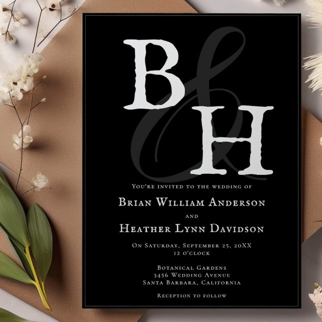 Invitación Boda de monograma Minimalista negro (Black Minimalist Monogram Wedding Invitation)