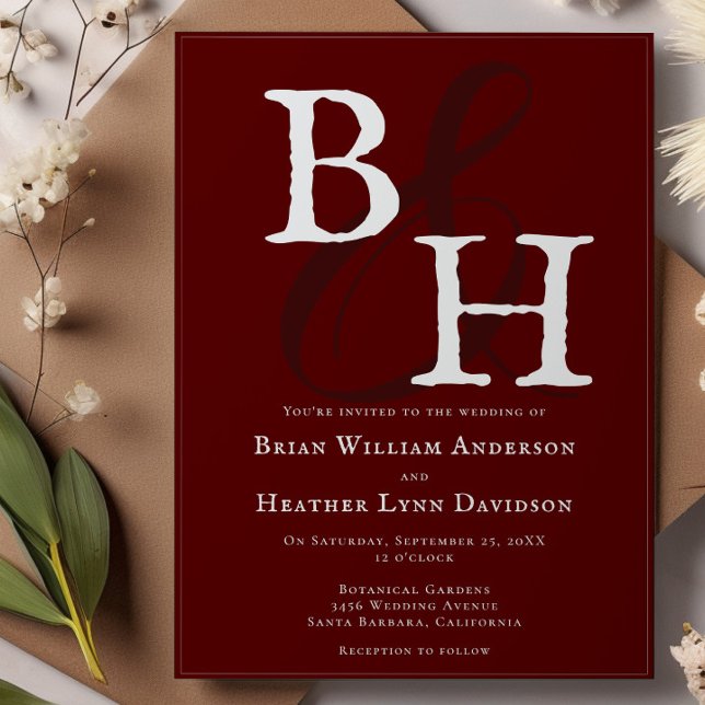 Invitación Boda de monograma Minimalista rojo (Red Minimalist Monogram Wedding Invitation)