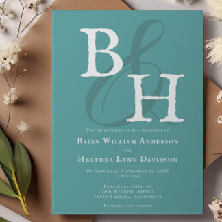 Invitación Boda de monograma Minimalista verde azulado