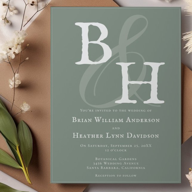 Invitación Boda de Monograma Minimalista verde sabio (Sage Green Minimalist Monogram Wedding Invitation)
