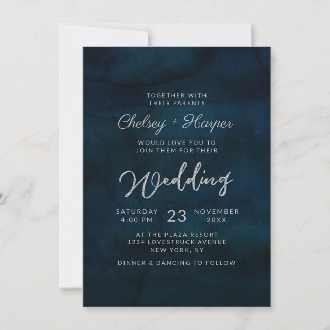 Invitación Boda de Monograma Mínimo Azul Oscuro (Anverso)