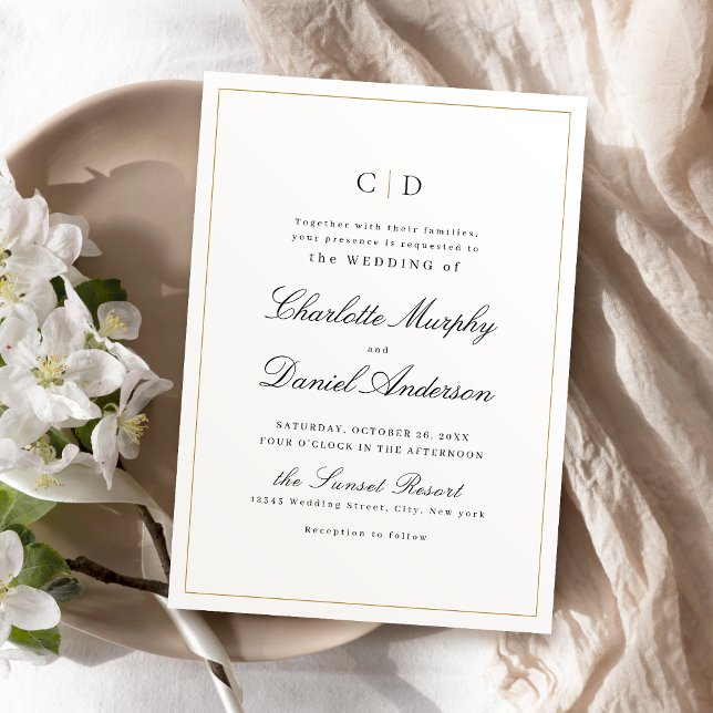 Invitación Boda de monograma mínimo con guión de elegancia cl (Classic Elegance Script Minimal Monogram Wedding Invitation)