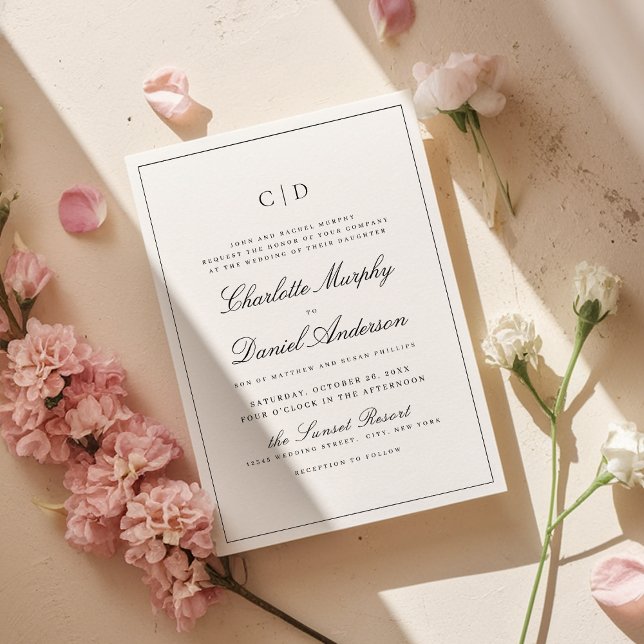 Invitación Boda de monograma mínimo con guión de elegancia cl (Classic Elegance Script Minimal Monogram Wedding Invitation)