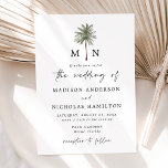 Invitación Boda de monograma mínimo del árbol de palmas<br><div class="desc">Invitaciones a bodas tropicales con sus iniciales en monograma separadas por un único ilustracion de palmera en la parte superior de la invitación. Personalice las invitaciones de boda monocagras con sus nombres y detalles bodas con letras negras con un guión moderno escrito a mano que acentúe el diseño. La simple...</div>