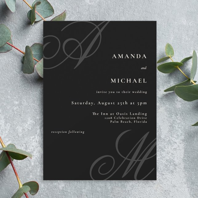 Invitación Boda de monograma mínimo elegante del borde modern (A simple elegant wedding invitation with calligraphy monogram initials along the edges.)