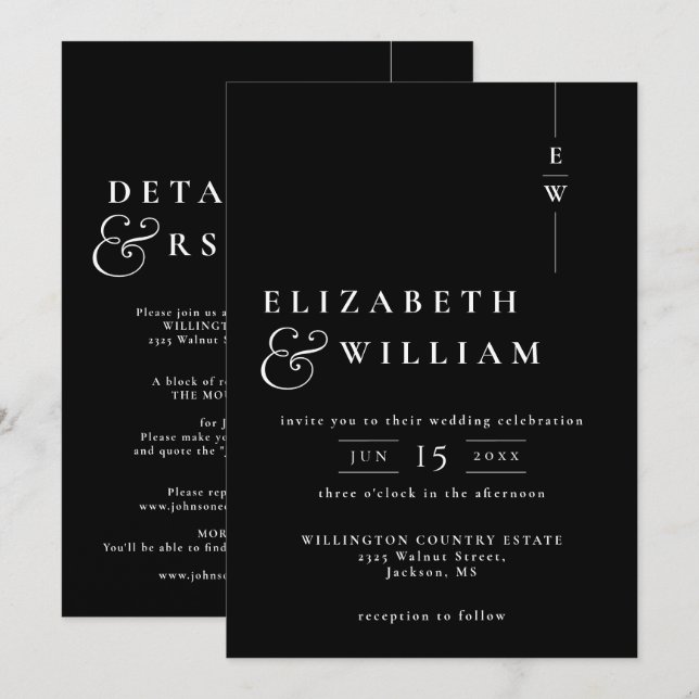 Invitación Boda De Monograma Moderna En Blanco Y Negro Todo E (Anverso / Reverso)