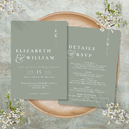 Invitación Boda de monograma moderna todo en uno verde salvia