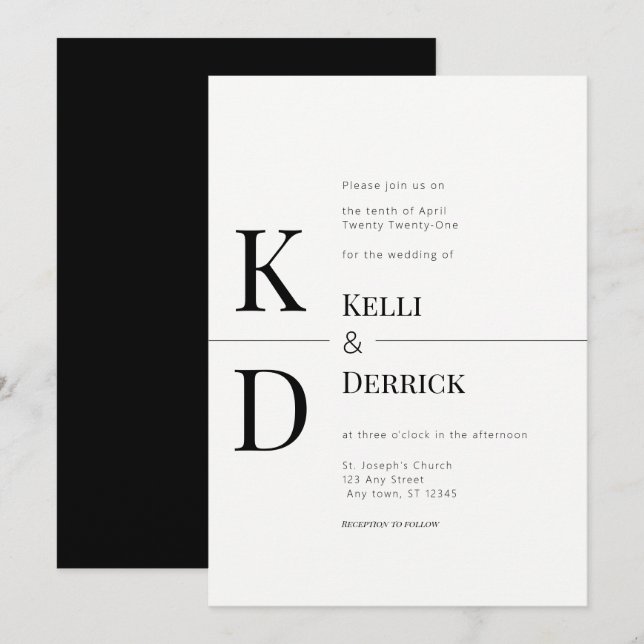 Invitación Boda de Monograma Moderno Blanco y Negro (Anverso / Reverso)