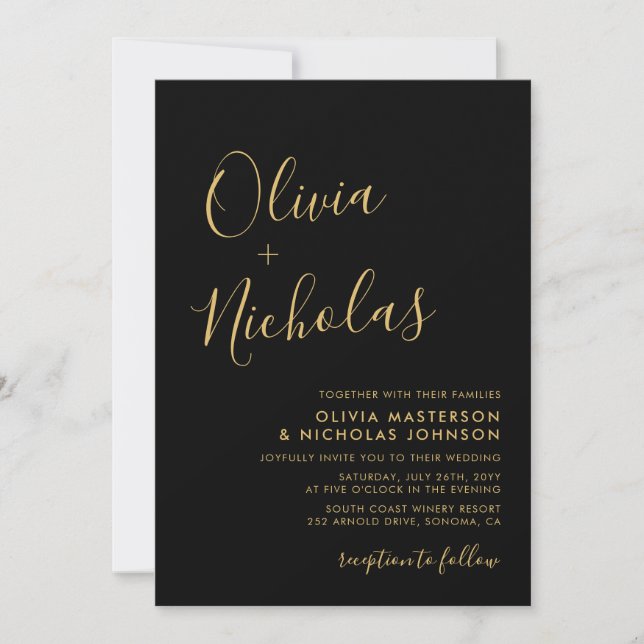Invitación Boda de monograma moderno de guiones negros y dora (Anverso)