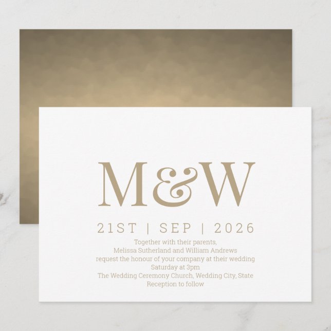 Invitación Boda de Monograma Moderno de Oro de Marfil (Anverso / Reverso)
