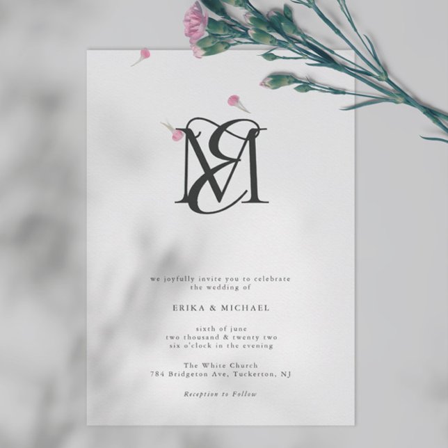 Invitación Boda de monograma moderno simple y negro y blanco (Subido por el creador)