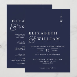 Invitación Boda de Monograma Moderno Todo en Uno Azul Marino
