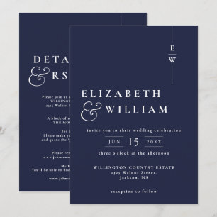 Invitación Boda de Monograma Moderno Todo en Uno Azul Marino