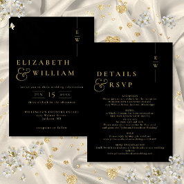 Invitación Boda de monograma moderno todo en uno negro y dora