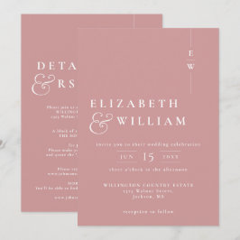 Invitación Boda de monograma moderno todo en uno rosa polvori