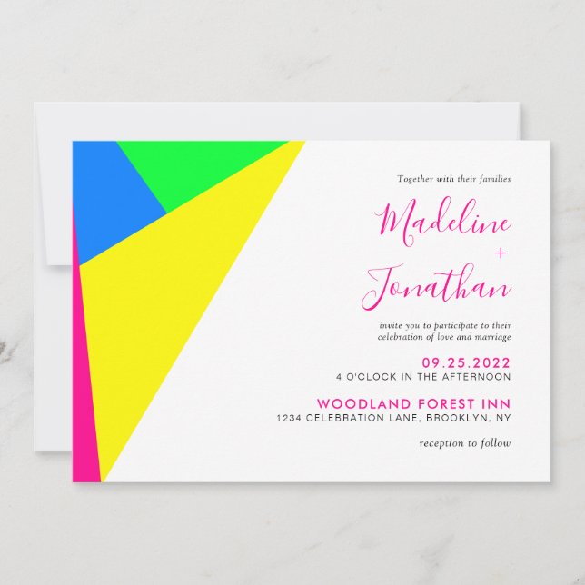 Invitación Boda de monograma neón rosado moderno (Anverso)
