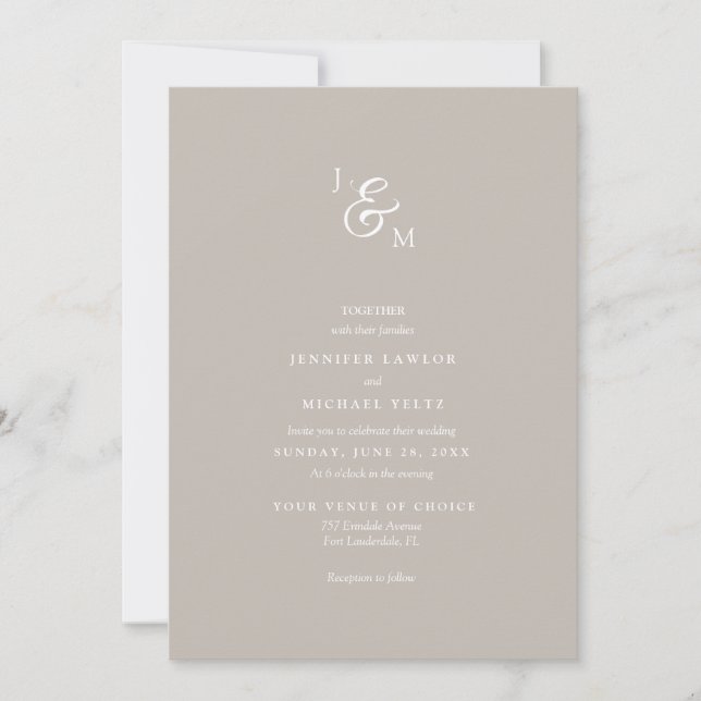 Invitación Boda de monograma neutral minimalista (Anverso)