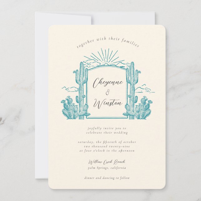 Invitación Boda de Monograma Occidental de Desert Cactus (Anverso)