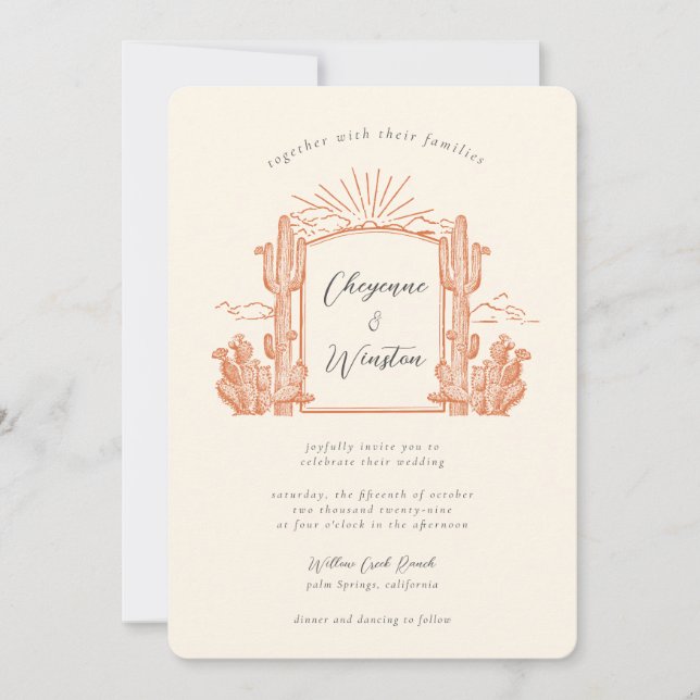 Invitación Boda de Monograma Occidental de Desert Cactus (Anverso)