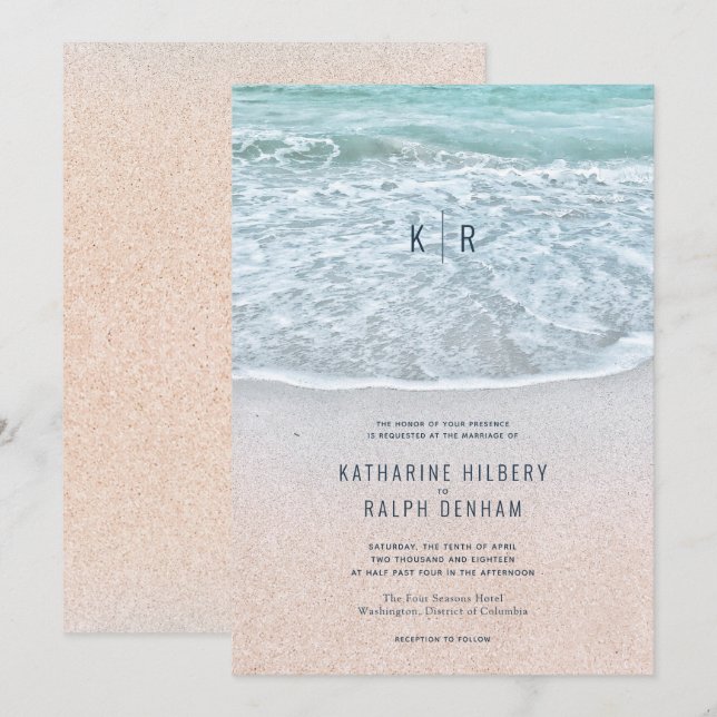 Invitación Boda de Monograma Océano tropical y arena (Anverso / Reverso)