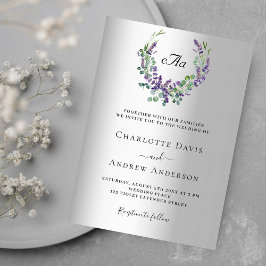 Invitación Boda de monograma plateado con flores violetas de 