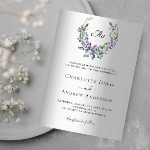 Invitación Boda de monograma plateado con flores violetas de 