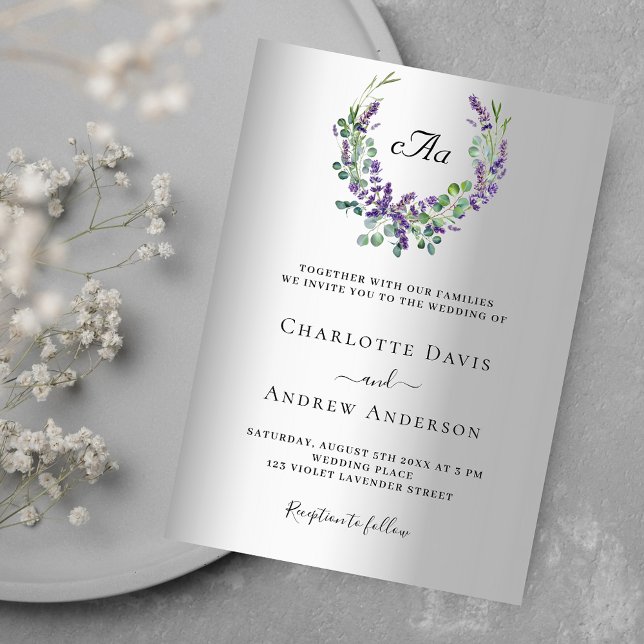 Invitación Boda de monograma plateado con flores violetas de  (Subido por el creador)