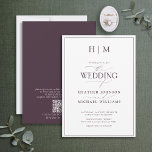Invitación Boda de monograma púrpura del complemento de códig<br><div class="desc">¿Buscas una invitación de boda moderna, formal y elegante? No busque más que nuestra Elegante Invitación de Boda Formal de Código QR Plum Morado Monograma Caligrafía de Monograma! Esta hermosa invitación presenta su monograma personalizado en ciruela morada y sus detalles personales acentuados con caligrafía escrita a mano moderna. Además, en...</div>
