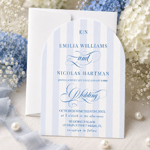 Invitación Boda de Monograma Rayado Azul y Blanco