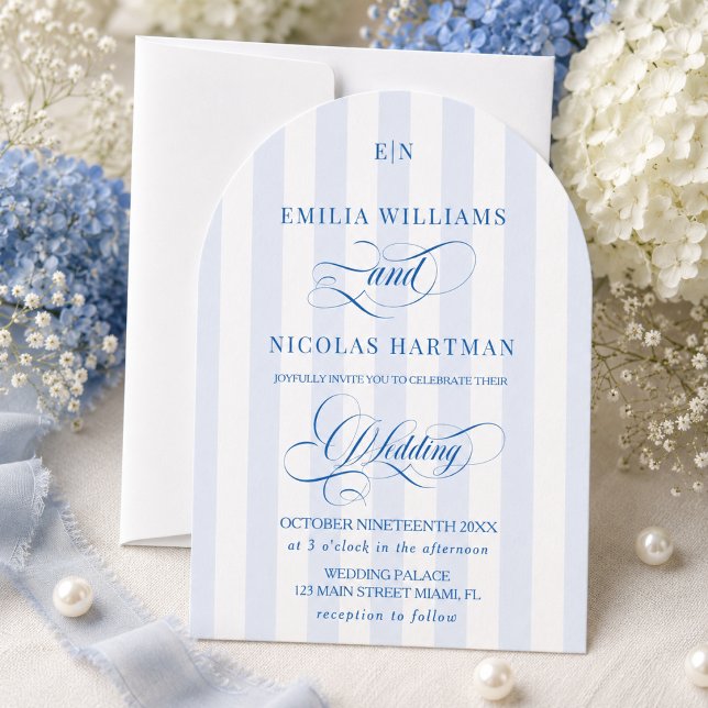 Invitación Boda de Monograma Rayado Azul y Blanco (Subido por el creador)