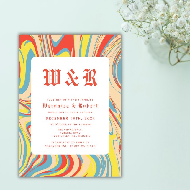 Invitación Boda de monograma retro colorido (Subido por el creador)
