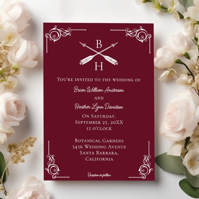 Invitación Boda de Monograma Rojo de Vino y Flechas (Wine Red Monogram and Arrows Wedding Invitation)