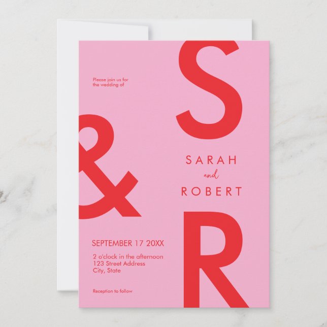 Invitación Boda de monograma rojo rosado moderno (Anverso)