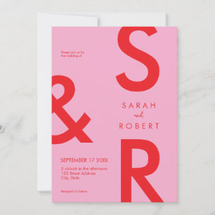 Invitación Boda de monograma rojo rosado moderno