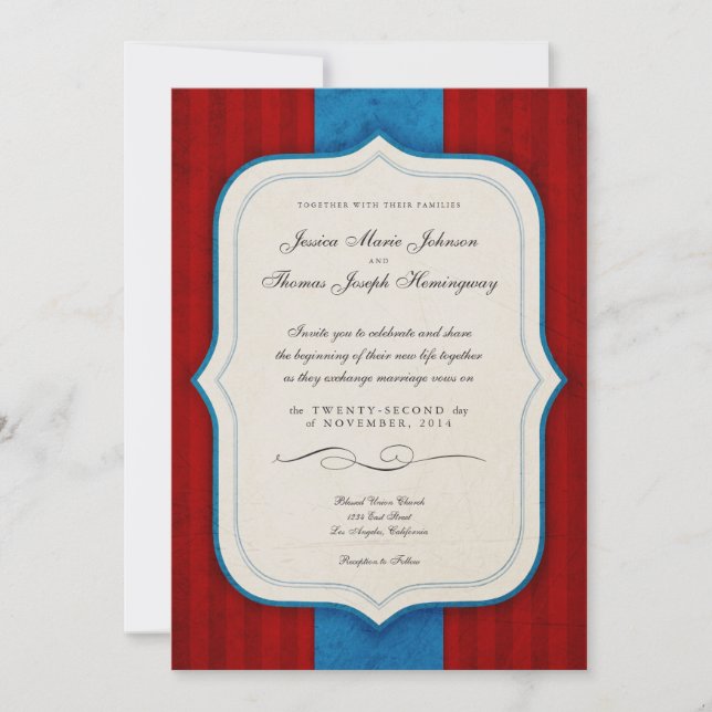 Invitación Boda de Monograma Rojo y Azul con encanto de época (Anverso)
