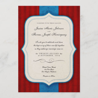 Invitación Boda de Monograma Rojo y Azul con encanto de época