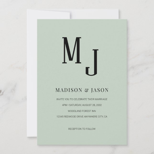 Invitación Boda de Monograma Romano Verde Sage clásico simple (Anverso)