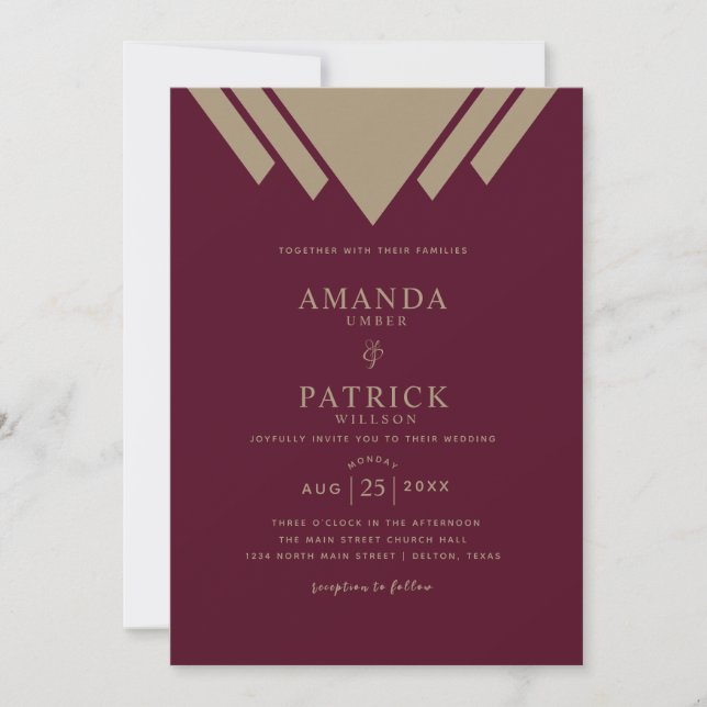 Invitación Boda de monograma romántico de caligrafía borgoños (Anverso)