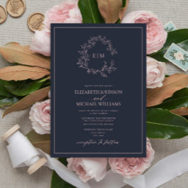Invitación Boda de monograma rosa Rubor azul de la Marina mod